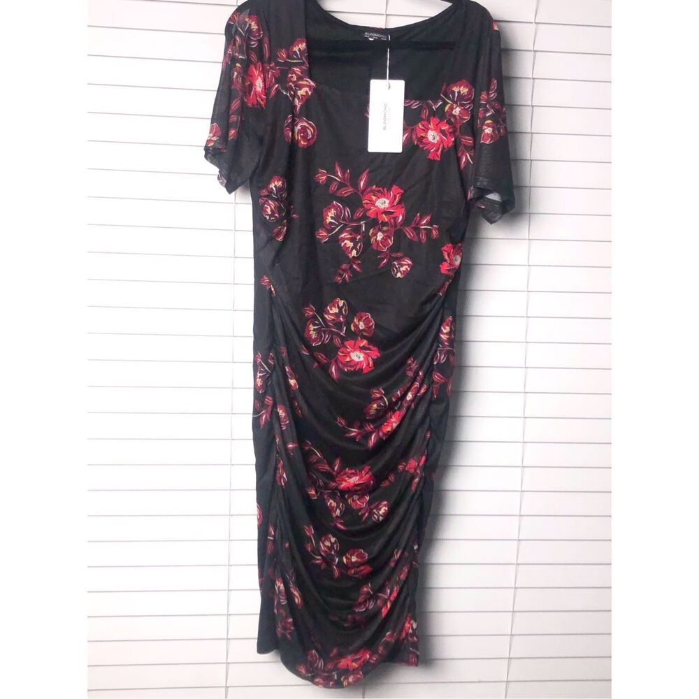 Bloomchic Black Floral Rouched Midi Dress Size 12